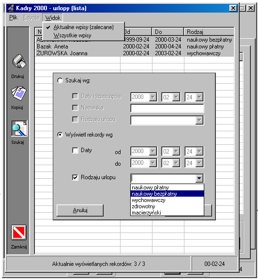 Jeden z szeciu moduw programu Kadry'2000